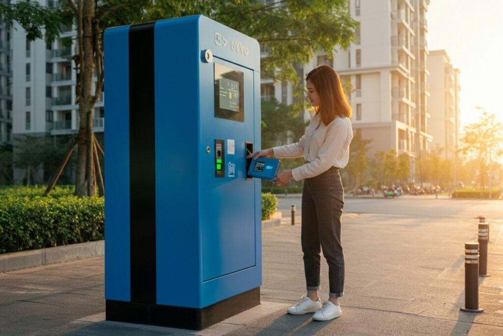Tủ đổi pin xe máy điện VinFast trên đường phố đô thị